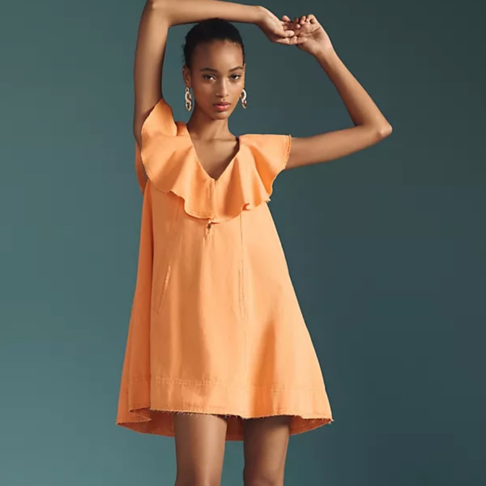 Pilcro Anthropologie Ruffle V-Neck Shift Oversized Mini Dress In Orange